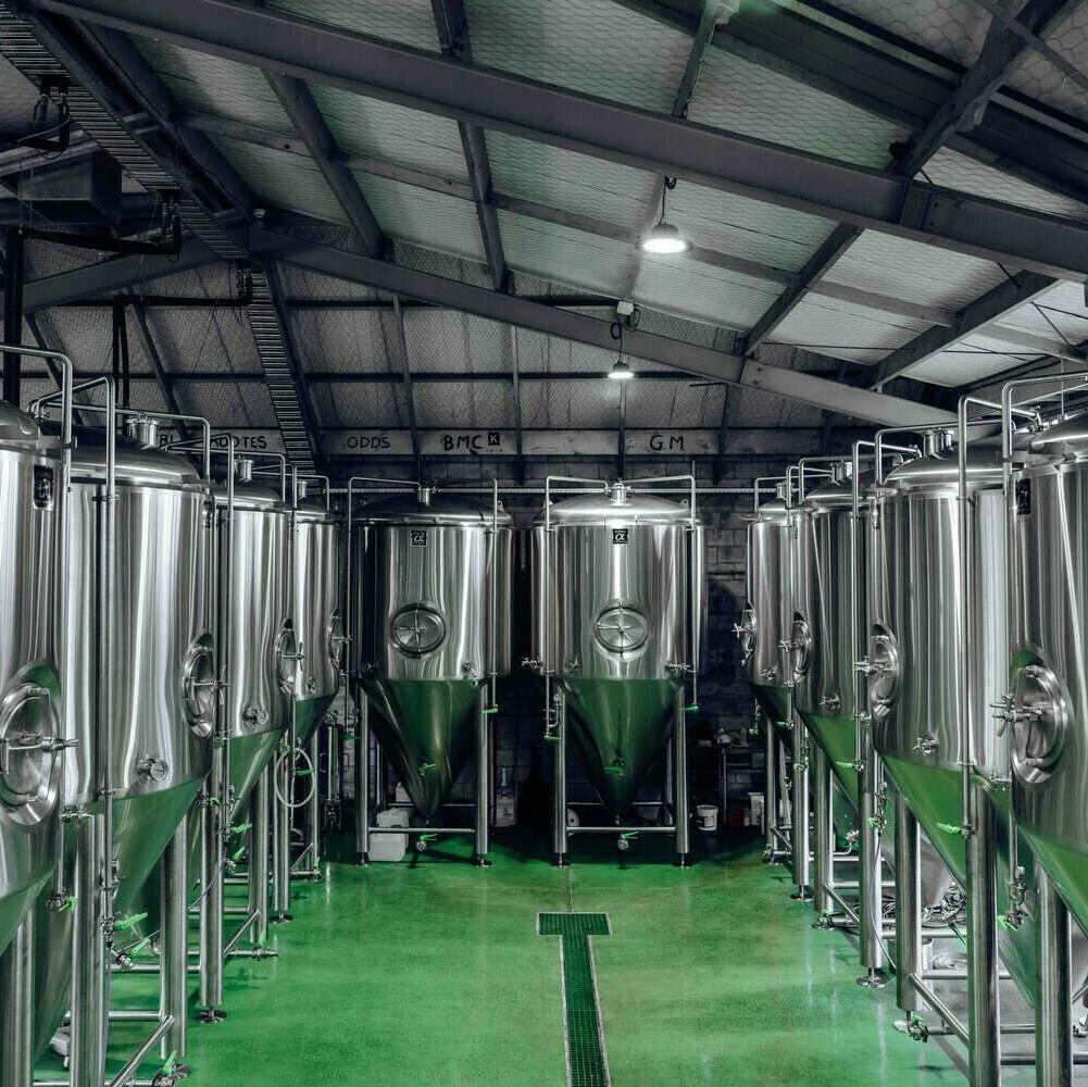 Large Stainless Conical Fermenters and brite tanks installed in a brewery